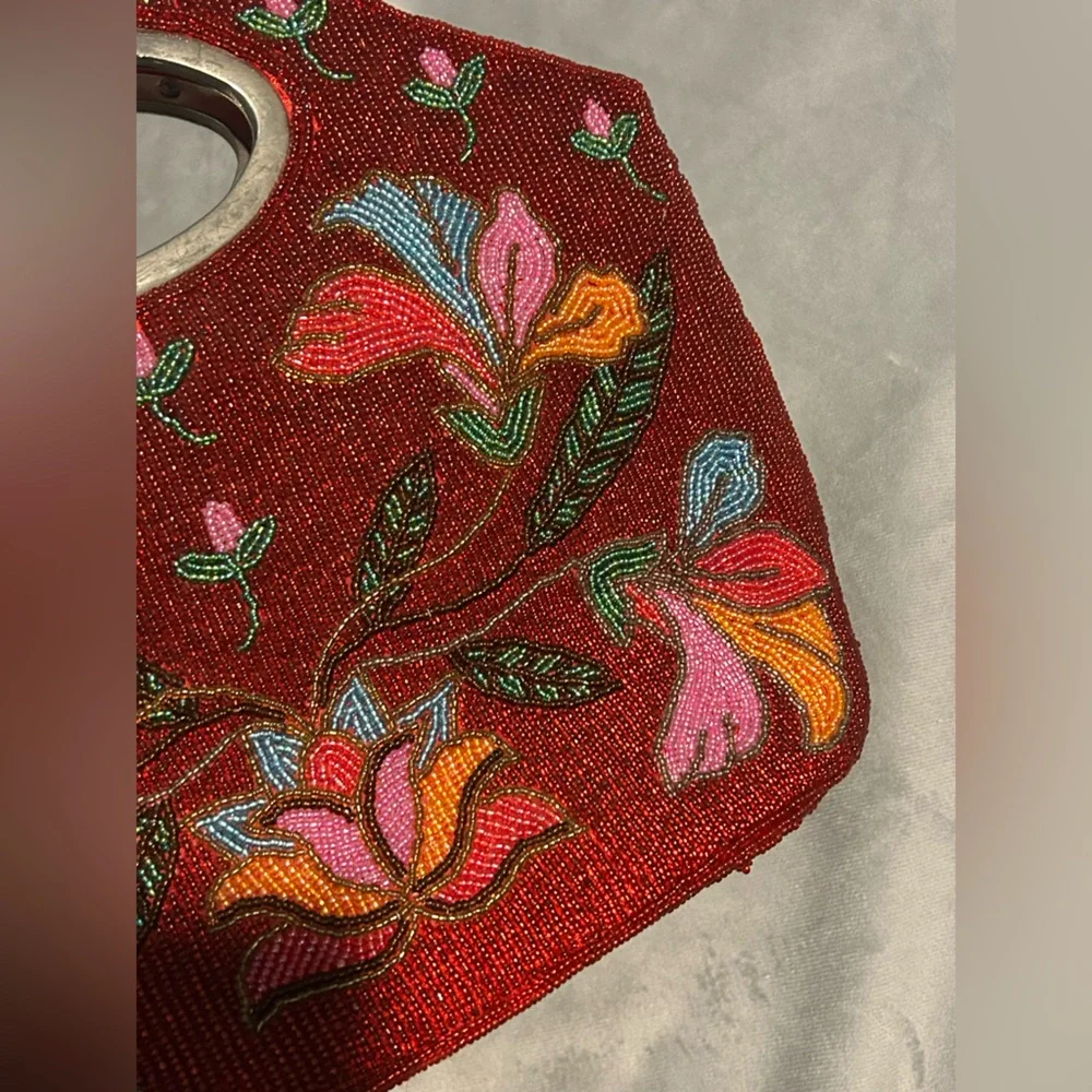 Vintage Red Floral Beaded Handbag Purse - Picture 7 of 13